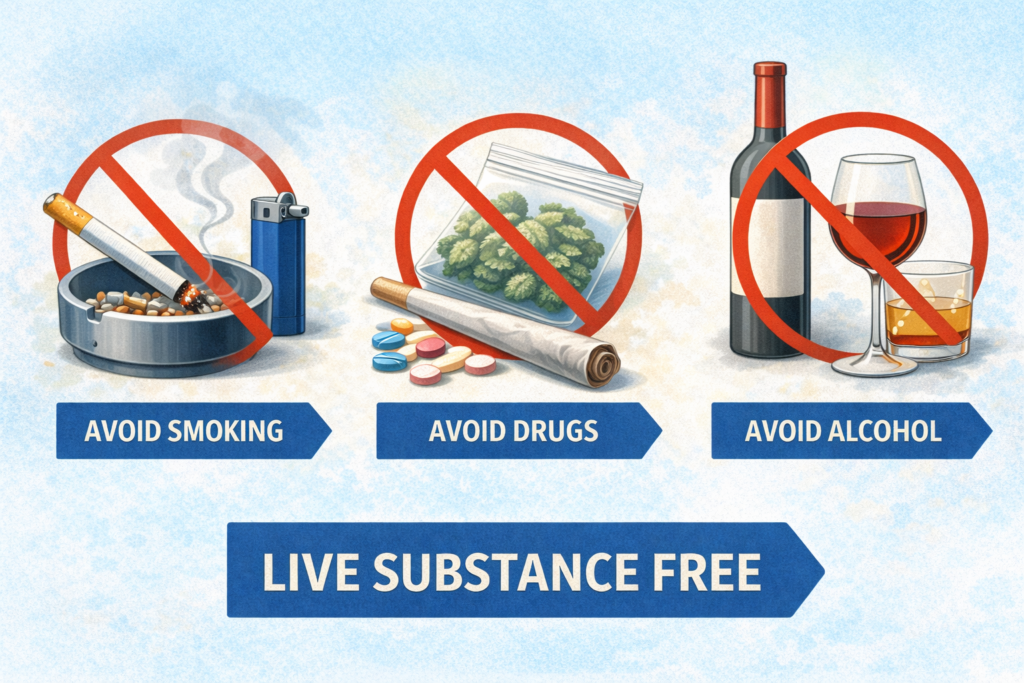 دوری از دخانیات، مواد مخدر و الکل